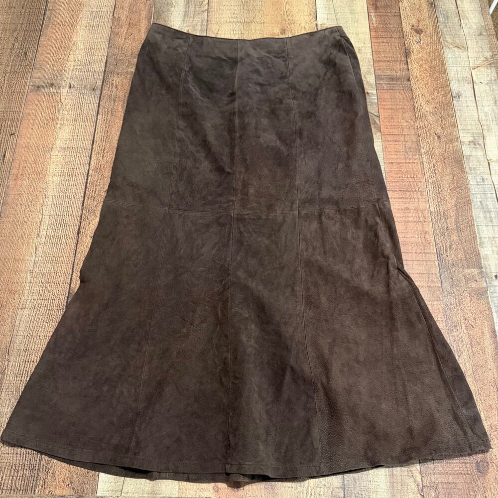 A.M.I. Wmns Brown Leather A-Line Midi Skirt Sz 16 Western Boho Festival Cowgirl